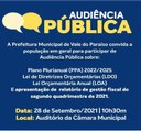 A PREFEITURA MUNICIPAL DE VALE DO PARAISO,CONVIDA A POPULAÇÃO EM GERAL PARA PARTICIPAR DE AUDIENCIA PUBLICAS SOBRE; PLANO PLURIANUAL 2022/2025, LEI DE DIRETRIZES ORÇARMENTARIAS, LEI ORÇAMENTARIA E APRESENTAÇÃO DE RELATORIO DE GESTÃO FISCAL DO SEGUNDO QUADRIMESTRE DE  2021.