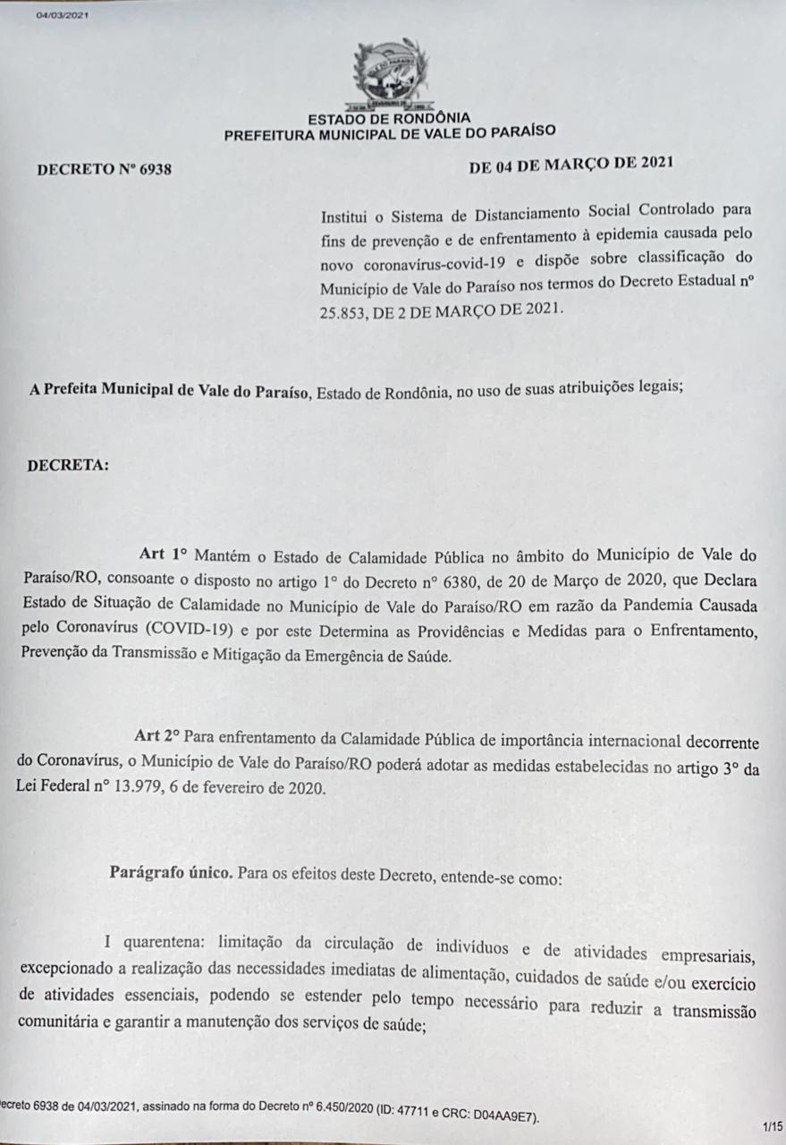 DECRETO Nº 6938 DE 04 DE MARÇO DE 2021