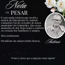 O Presidente da Câmara Municipal de Vale do Paraíso, Kleber Barros Rosa, demais Vereadores e Funcionários desta Casa de Leis, vem a público externar profundo pesar pelo falecimento do Senhor Antônio Guimarães, Pai do Vereador Elionaldo Guimarães dos Santos, nesta quarta-feira 27 de Setembro de 2023 em Nossa Senhora da Gloria/SE.